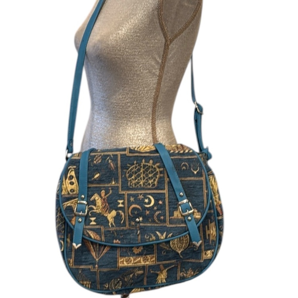 Motif Turkish Blue Tapestry & Vegan Leather Satchel Crossbody Bag - Picture 13 of 14